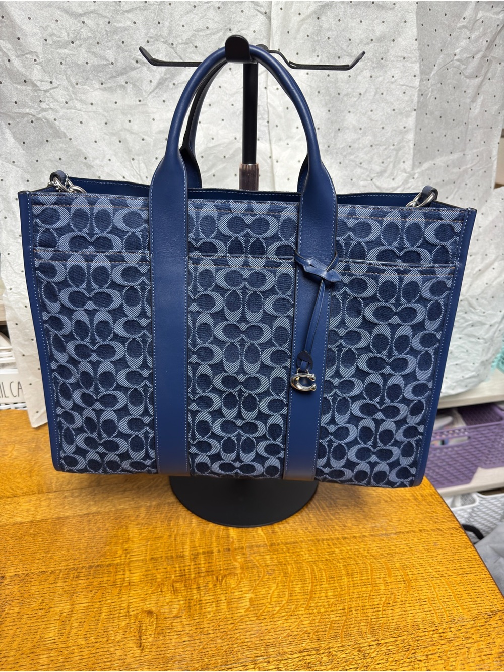NEW Coach Wesley Blue denim Signature Monogram Tote with Leather Trim